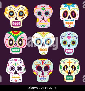 Mexikanischer Totenkopf-Set. Niedliche bunte Zucker Schädel in Cartoon-Stil. Vektorgrafik. Stock Vektor