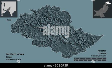 Form der nördlichen Gebiete, zentral verwaltete Gebiet von Pakistan, und seine Hauptstadt. Entfernungsskala, Vorschauen und Beschriftungen. Farbige Höhenkarte. 3D-Rend Stockfoto