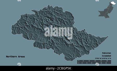 Form der nördlichen Gebiete, zentral verwaltete Gebiet von Pakistan, mit seiner Hauptstadt auf festem Hintergrund isoliert. Entfernungsskala, Regionenvorschau und la Stockfoto