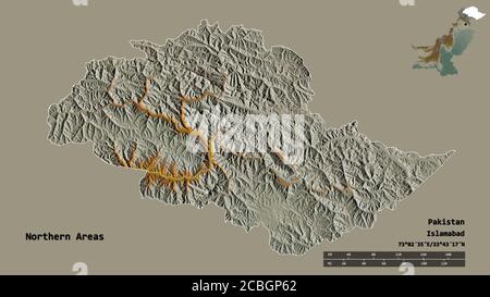 Form der nördlichen Gebiete, zentral verwaltete Gebiet von Pakistan, mit seiner Hauptstadt auf festem Hintergrund isoliert. Entfernungsskala, Regionenvorschau und la Stockfoto