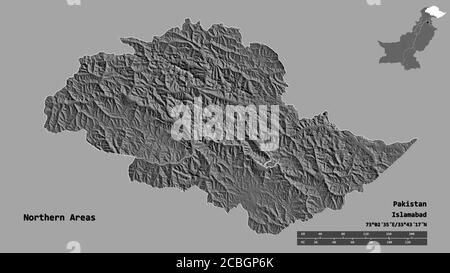 Form der nördlichen Gebiete, zentral verwaltete Gebiet von Pakistan, mit seiner Hauptstadt auf festem Hintergrund isoliert. Entfernungsskala, Regionenvorschau und la Stockfoto