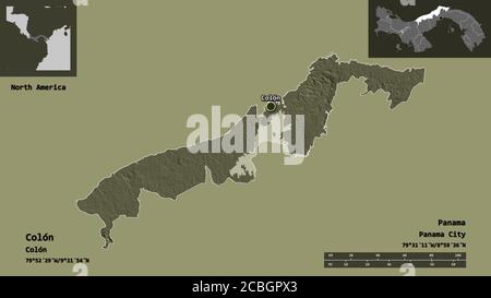 Form von Colón, Provinz von Panama, und seine Hauptstadt. Entfernungsskala, Vorschauen und Beschriftungen. Farbige Höhenkarte. 3D-Rendering Stockfoto