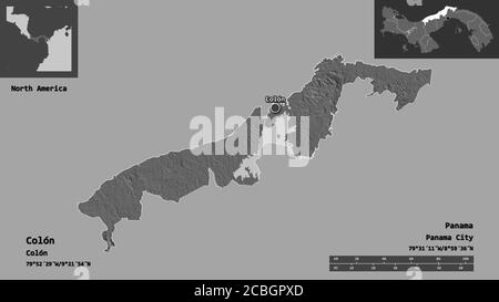 Form von Colón, Provinz von Panama, und seine Hauptstadt. Entfernungsskala, Vorschauen und Beschriftungen. Höhenkarte mit zwei Ebenen. 3D-Rendering Stockfoto