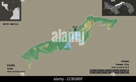 Form von Colón, Provinz von Panama, und seine Hauptstadt. Entfernungsskala, Vorschauen und Beschriftungen. Topografische Reliefkarte. 3D-Rendering Stockfoto