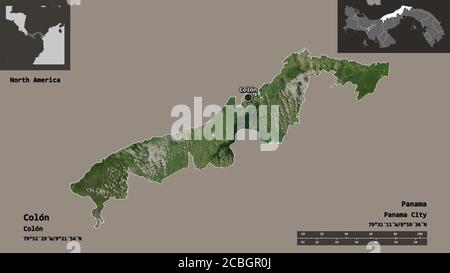 Form von Colón, Provinz von Panama, und seine Hauptstadt. Entfernungsskala, Vorschauen und Beschriftungen. Satellitenbilder. 3D-Rendering Stockfoto
