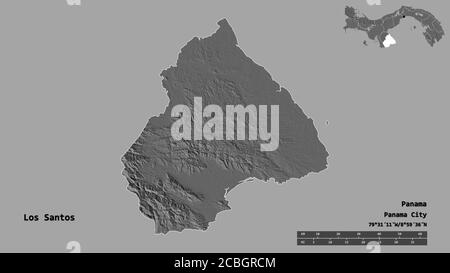 Form von Los Santos, Provinz Panama, mit seiner Hauptstadt auf festem Hintergrund isoliert. Entfernungsskala, Regionenvorschau und Beschriftungen. Höhe der Bilevel m Stockfoto