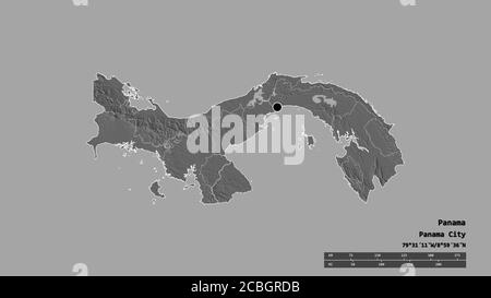 Entsättigte Form von Panama mit seiner Hauptstadt, der wichtigsten regionalen Teilung und der abgetrennten Los Santos Bereich. Beschriftungen. Höhenkarte mit zwei Ebenen. 3D-Rendering Stockfoto