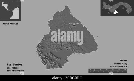 Form von Los Santos, Provinz Panama, und seine Hauptstadt. Entfernungsskala, Vorschauen und Beschriftungen. Höhenkarte mit zwei Ebenen. 3D-Rendering Stockfoto