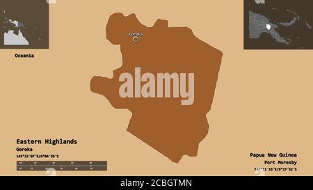 Form der östlichen Highlands, Provinz Papua-Neuguinea, und seine Hauptstadt. Entfernungsskala, Vorschauen und Beschriftungen. Zusammensetzung von regelmäßig gemusterten tex Stockfoto
