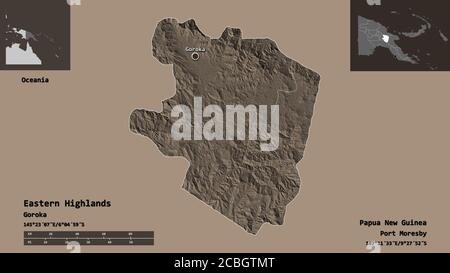 Form der östlichen Highlands, Provinz Papua-Neuguinea, und seine Hauptstadt. Entfernungsskala, Vorschauen und Beschriftungen. Farbige Höhenkarte. 3D-Rendering Stockfoto