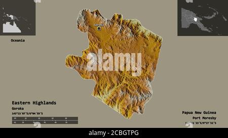 Form der östlichen Highlands, Provinz Papua-Neuguinea, und seine Hauptstadt. Entfernungsskala, Vorschauen und Beschriftungen. Topografische Reliefkarte. 3D-Rendering Stockfoto