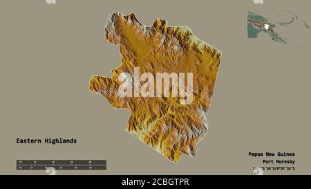 Form der östlichen Highlands, Provinz Papua-Neuguinea, mit seiner Hauptstadt auf festem Hintergrund isoliert. Entfernungsskala, Regionenvorschau und Beschriftungen. Bis Stockfoto