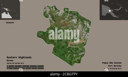 Form der östlichen Highlands, Provinz Papua-Neuguinea, und seine Hauptstadt. Entfernungsskala, Vorschauen und Beschriftungen. Satellitenbilder. 3D-Rendering Stockfoto