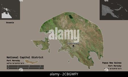 Form des National Capital District, Bezirk von Papua-Neuguinea, und seine Hauptstadt. Entfernungsskala, Vorschauen und Beschriftungen. Satellitenbilder. 3D-Renderin Stockfoto