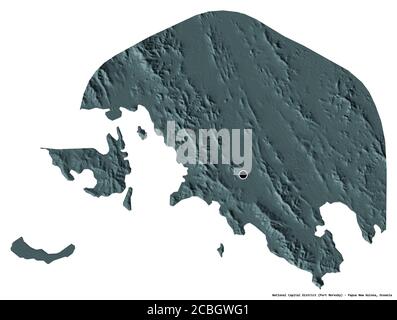 Form des National Capital District, Bezirk von Papua-Neuguinea, mit seiner Hauptstadt auf weißem Hintergrund isoliert. Farbige Höhenkarte. 3D-Rendering Stockfoto