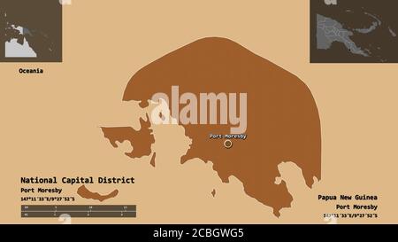 Form des National Capital District, Bezirk von Papua-Neuguinea, und seine Hauptstadt. Entfernungsskala, Vorschauen und Beschriftungen. Zusammensetzung der regelmäßig patte Stockfoto