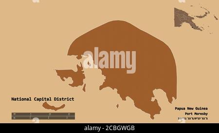 Form des National Capital District, Bezirk von Papua-Neuguinea, mit seiner Hauptstadt auf festem Hintergrund isoliert. Entfernungsskala, Regionenvorschau und la Stockfoto