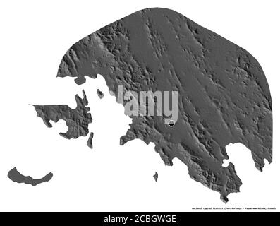 Form des National Capital District, Bezirk von Papua-Neuguinea, mit seiner Hauptstadt auf weißem Hintergrund isoliert. Höhenkarte mit zwei Ebenen. 3D-Rendering Stockfoto