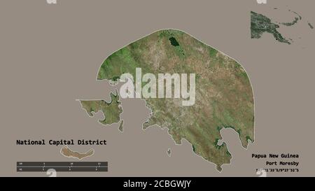 Form des National Capital District, Bezirk von Papua-Neuguinea, mit seiner Hauptstadt auf festem Hintergrund isoliert. Entfernungsskala, Regionenvorschau und la Stockfoto