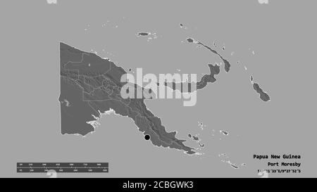 Entsättigte Form von Papua-Neuguinea mit seiner Hauptstadt, Hauptregionalabteilung und dem abgetrennten Gebiet von Neuirland. Beschriftungen. Höhenkarte mit zwei Ebenen. 3D r Stockfoto