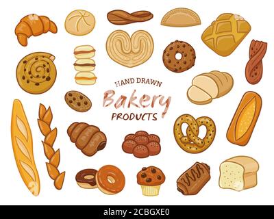 Set von verschiedenen Sorten von Brot und Backwaren. Handgezeichnete Designelemente isoliert auf Weiß. Vektorgrafik. Stock Vektor