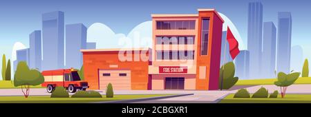 Feuerwehrauto fährt zum Bahnhofsgebäude mit Garage und roter Flagge. Städtischer Stadtdienst, Notaufnahme mit Hangar Vorderansicht, Auto am Feuerhaus mit Türen schließen Cartoon-Vektor-Illustration Stock Vektor