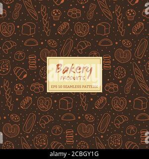 Handgezeichnetes nahtloses Muster von Brot und Backwaren. Backwaren Hintergrund. Vektorgrafik. Stock Vektor