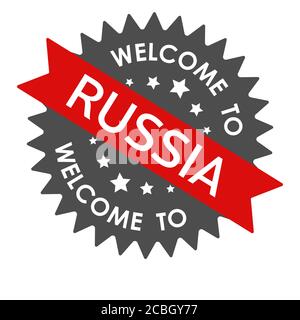 Willkommen in RUSSLAND. Rundes Etikett mit rotem Band. Vektorgrafik isoliert auf weißem Hintergrund Stock Vektor