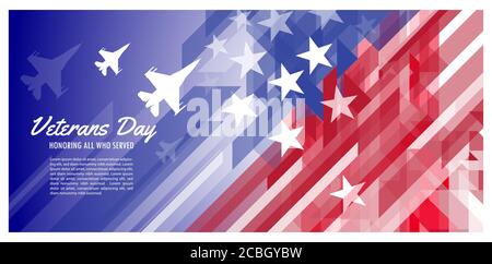 Alles gute zum Tag der Veteranen. Düsenjäger auf dem Hintergrund der US-Flagge. Militärflugzeuge mit Flaggensymbol der Vereinigten Staaten von Amerika. US-Nationalflagge abstrakt Stock Vektor