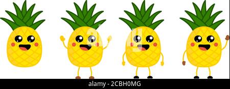 Cute kawaii Stil Ananas Frucht Ikone, große Augen, lächelnd mit offenem Mund. Version mit erhobenen, abwärts und winkenden Händen. Stock Vektor