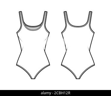 Body aus Baumwoll-Jersey, technische Mode-Illustration mit taillierter Body, ärmellos. Flach außen Cami Bekleidungsschablone vorne, hinten, weiße Farbe. Damen Herren Unisex TOP CAD Mockup. Stock Vektor