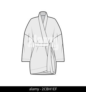 Kimono technische Mode-Illustration mit entspannter Passform, langen weiten Ärmeln, Gürtel um die Taille zu cinch, über-die-Knie-Länge. Flatwear Bluse Schablone vorne, grau. Frauen Männer Unisex Shirt mockup Stock Vektor