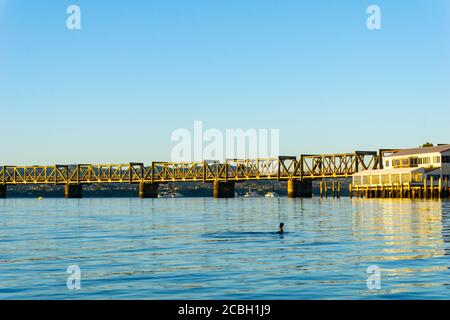 Tauranga Eisenbahnbrücke fängt glühen von Sonnenaufgang in der Ferne über blaues ruhiges Wasser in niedrigen Ebene Hintergrundbild. Stockfoto