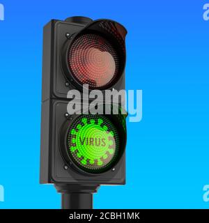 Ampelvirus mit grünem Licht gegen blauen Himmel, 3d-Rendering Stockfoto