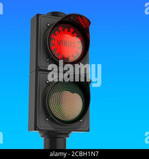 Ampelvirus mit rotem Licht gegen blauen Himmel, 3d-Rendering Stockfoto