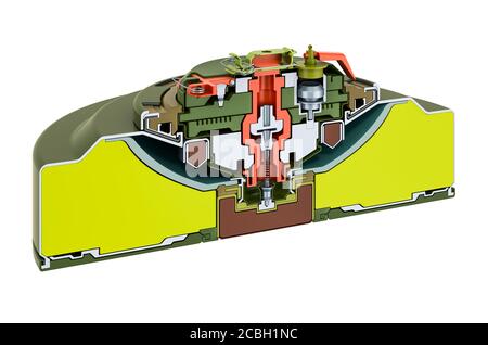 Querschnitt der Panzerabwehrmine, 3D-Rendering isoliert auf weißem Hintergrund Stockfoto