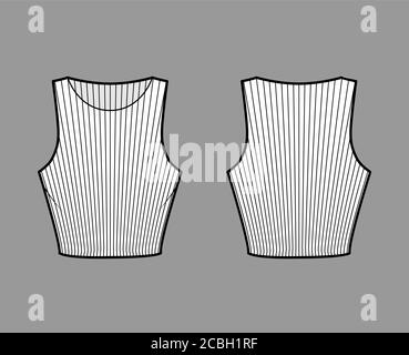 3/4-Tanktop aus geripptem Baumwoll-Jersey mit technischer Fashion-Illustration mit schmaler Passform, Taillenlänge und Rundhalsausschnitt. Flach außen oben Bekleidungsvorlage vorne, hinten, weiß. Frauen Männer Unisex Hemd Strick CAD Stock Vektor