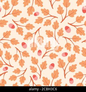Herbstlaub Muster Design. Vektor Eichenblatt nahtlose Wiederholung Hintergrund mit Eicheln. Stock Vektor