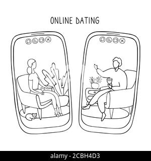 Telefonbildschirme, auf denen Menschen über Dating-App kommunizieren. Das Paar traf sich online und kommuniziert weiter aus der Ferne. Ehen und Beziehungen Stock Vektor