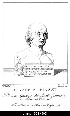 1818 , ITALIEN : der berühmte italienische Priester und Astronom GIUSEPPE PIAZZI ( 1746 - 1826 ). Entdecken Sie Cerere (Ceres, der Zwergplanet) im Jahr 1801. Portrait gestochen von Bossi ( 1818 ) aus der ursprünglichen Marmorbüste von Villareale in Neapel . - SCIENZA - ritratto - Portrait - prete - Priester - SCIENZIATO - SCIENZA - WISSENSCHAFT - WISSENSCHAFTLER - GESCHICHTE - foto storiche - ASTRONOMIA - ASTRONOMIE - ASTRONOM - ASTRONOMO - Illustration - Illustration - Gravur - incisione - KATHOLISCHE RELIGION - RELIGIONE CATTOLICA --- ARCHIVIO GBB Stockfoto