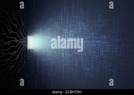 Künstliche Intelligenz, Mikrochip-Verbindungen, elektrische Impulse und binäre Codes. Stockfoto