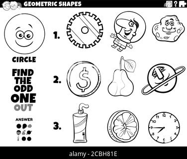 Schwarz und Weiß Cartoon Illustration von Kreis geometrische Form Educational Odd One Out Aufgabe für Kinder Malbuch Seite Stock Vektor