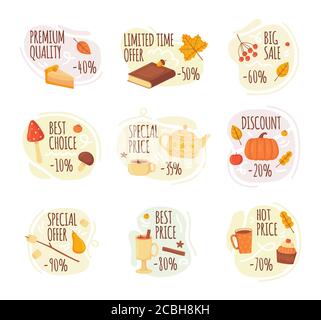 Cartoon Herbst Verkauf Labels. Gemütliche Herbst Symbole, Marshmallow, Tasse Kakao, Glühwein, Apfel, Blätter, Zimt, Beeren und Eberesche. Stock-Vektor in Stock Vektor