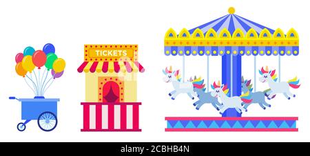 Set von Wagen mit Luftballons, Ticket Kiosk und Karussell mit Pferden Vektor-Illustration in flachem Design Stock Vektor