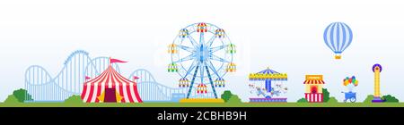 Vergnügungspark mit Attraktionen, Karussells, Zirkuszelt Vektor-Illustration in flachem Design Stock Vektor
