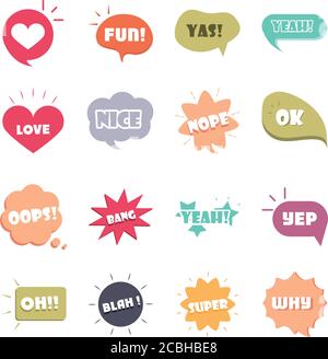 Slang Blasen verschiedene Wörter und Phrasen in multicolor Cartoon, liebe schöne super flache Symbole setzen Vektor-Illustration Stock Vektor