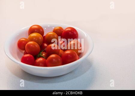 Kleine weiße Schüssel gefüllt mit reifen Kirschtomaten, "Husky Cherry Red" selbst angebaut. USA. Stockfoto