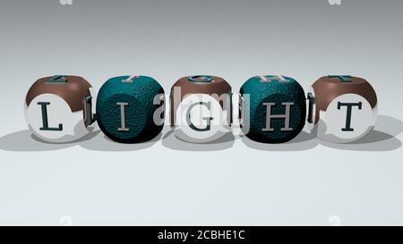 Kreuzworträtsel des LICHTS, angeordnet durch kubische Buchstaben auf einem Spiegelboden, Konzept Bedeutung und Präsentation für Hintergrund und Illustration. 3D-Illustration Stockfoto