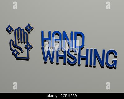 Handwäsche-Symbol und Text an der Wand - 3D Illustration für Hintergrund und gezeichnet Stockfoto