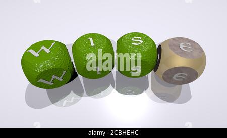 Kreuzworträtsel der Weise angeordnet durch kubische Buchstaben auf einem Spiegelboden, Konzept Bedeutung und Präsentation für Illustration und Hintergrund. 3D-Illustration Stockfoto